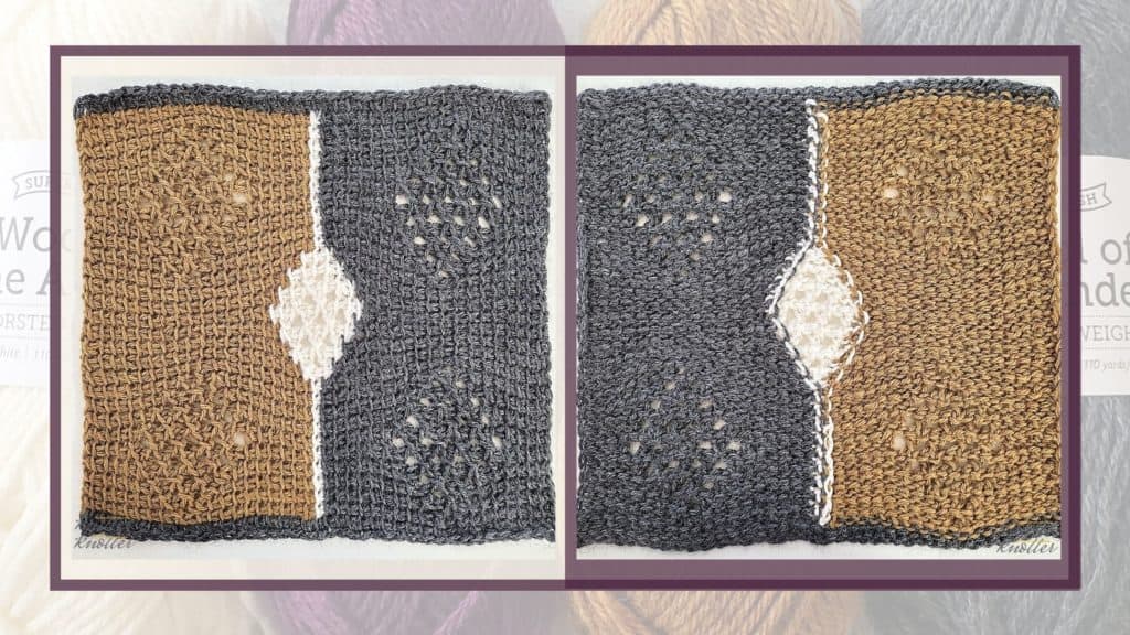Front and back of the second square of the 2021 CAL hosted by KnitterKnotter