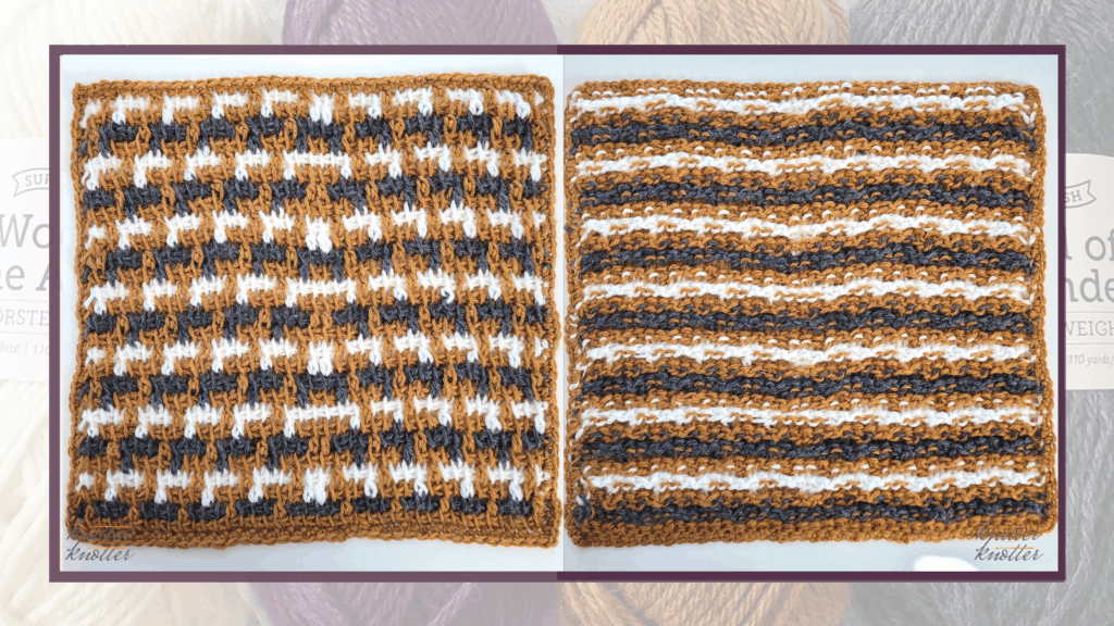 Front and back of the third square of the 2021 CAL hosted by KnitterKnotter