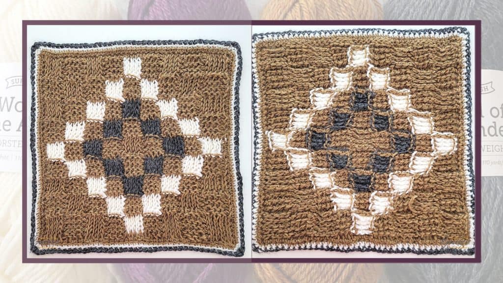 Front and back of the seventh square of the 2021 CAL hosted by KnitterKnotter