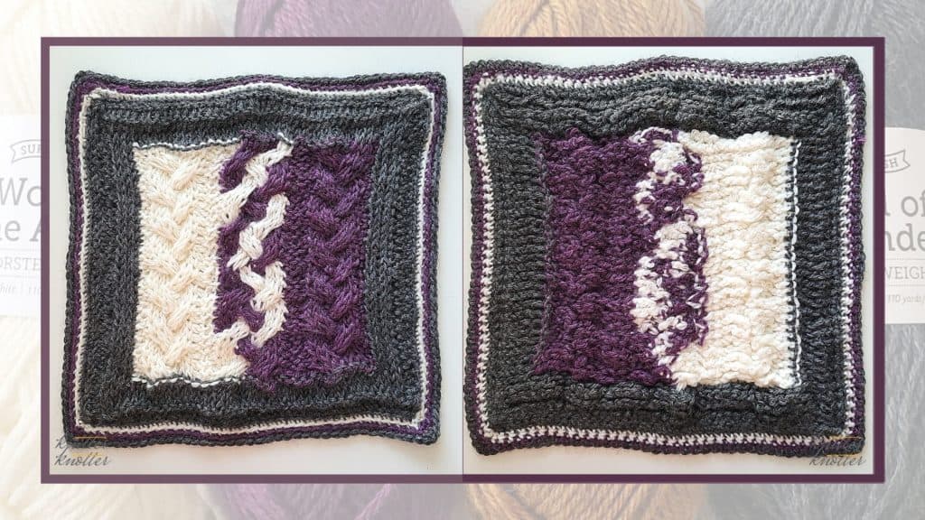 Front and back of the ninth square of the 2021 CAL hosted by KnitterKnotter