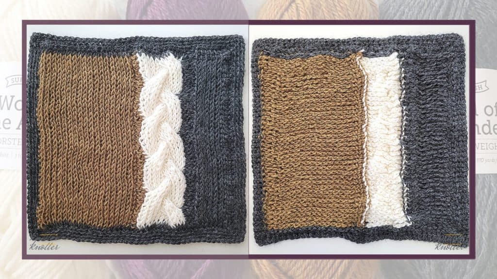 Front and back of the tenth square of the 2021 CAL hosted by KnitterKnotter