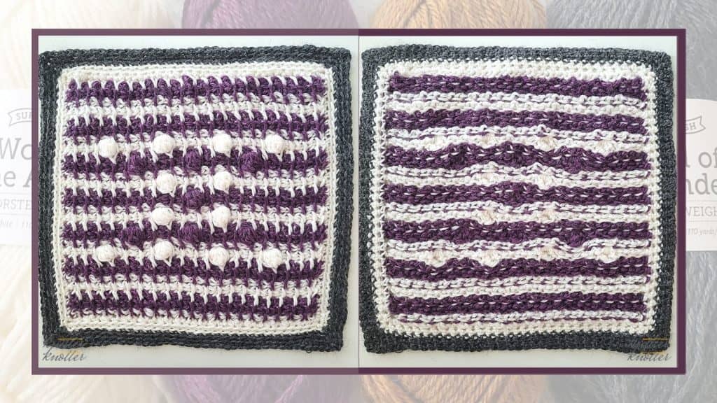 Front and back of the eleventh square of the 2021 CAL hosted by KnitterKnotter