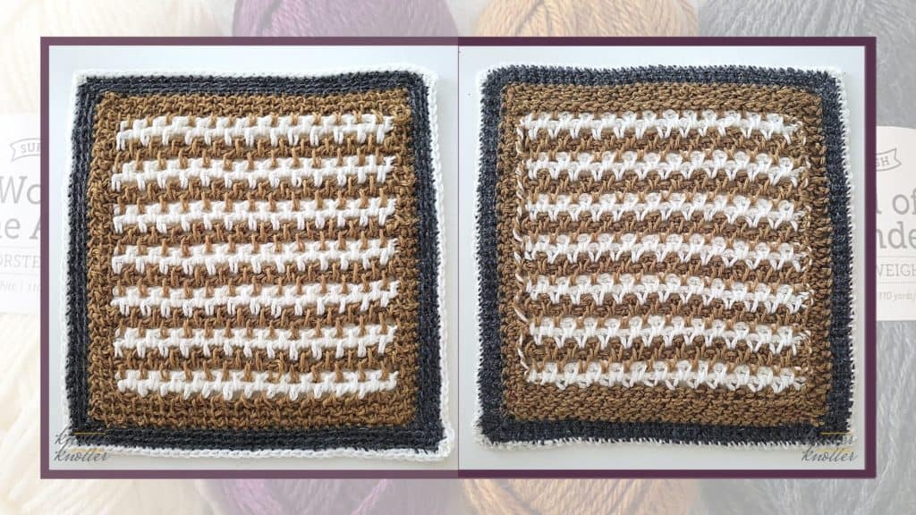 Front and back of the thirteenth square of the 2021 CAL hosted by KnitterKnotter