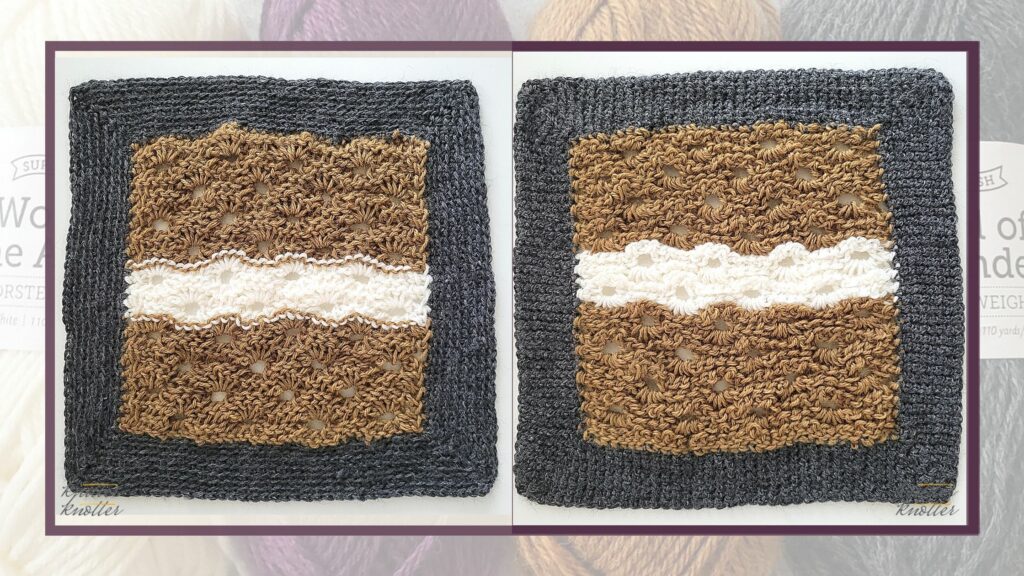 Front and back of the twelfth square of the 2021 CAL hosted by KnitterKnotter