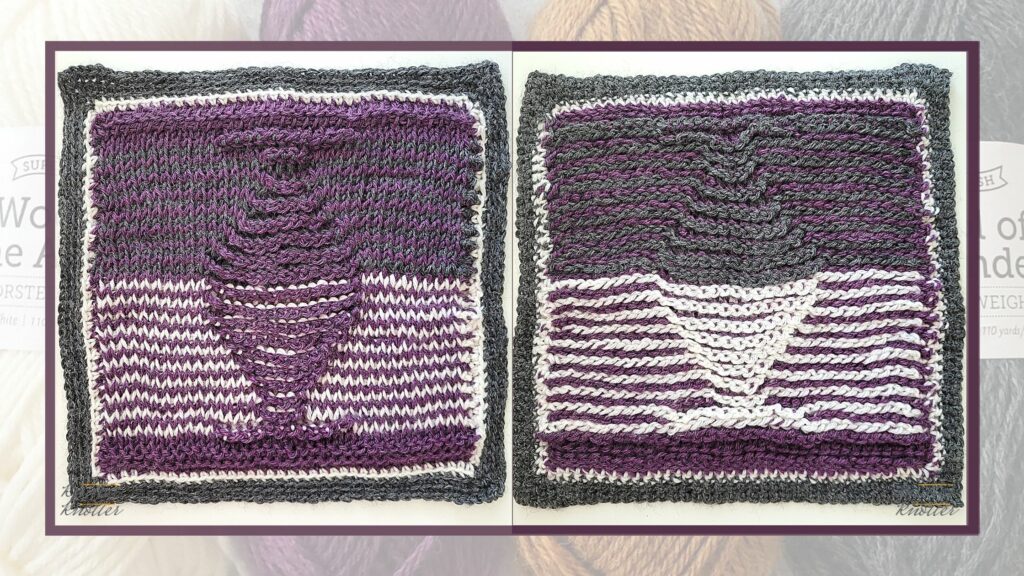 Front and back of the fourteenth square of the 2021 CAL hosted by KnitterKnotter