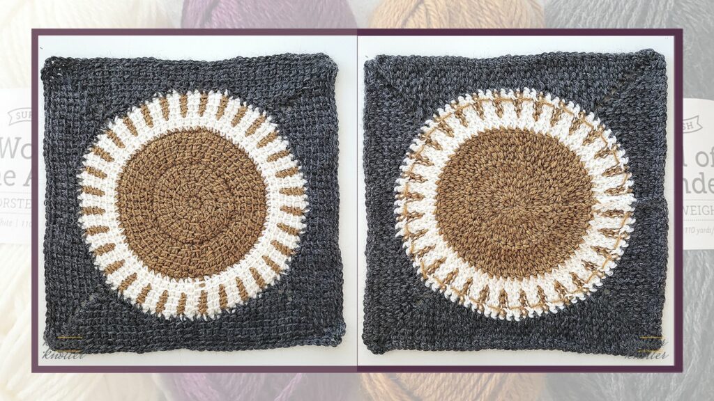 Front and back of the fifteenth square of the 2021 CAL hosted by KnitterKnotter