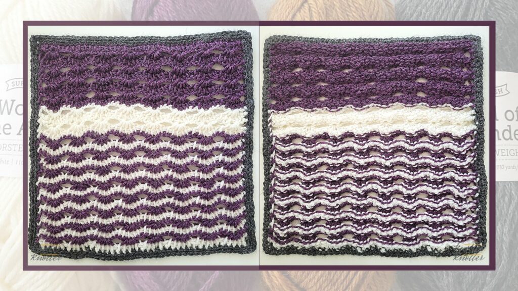 Front and back of the sixteenth square of the 2021 CAL hosted by KnitterKnotter