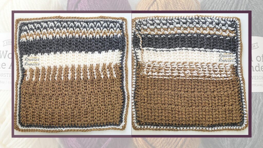 Front and back of the twentieth square of the 2021 CAL hosted by KnitterKnotter