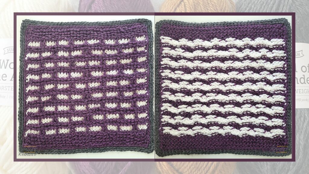 Front and back of the seventeenth square of the 2021 CAL hosted by KnitterKnotter