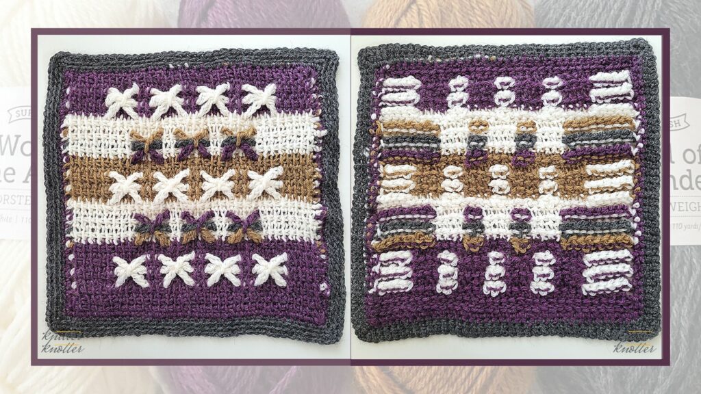 Front and back of the eighteenth square of the 2021 CAL hosted by KnitterKnotter