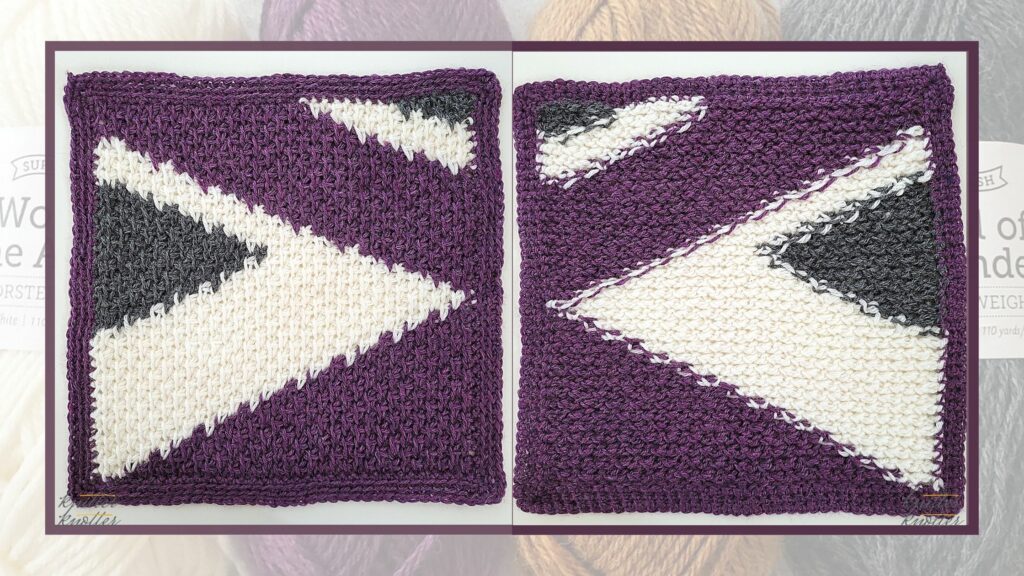 Front and back of the nineteenth square of the 2021 CAL hosted by KnitterKnotter