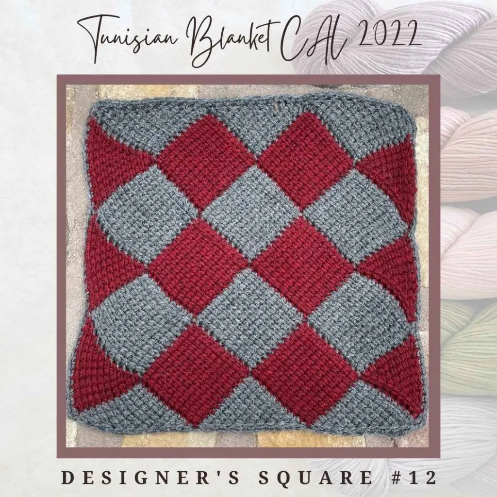 Square #12 of the Tunisian Crochet Blanket CAL of 2022 hosted by KnitterKnotter. This is the designer's original square that is made with two colors - grey and red.