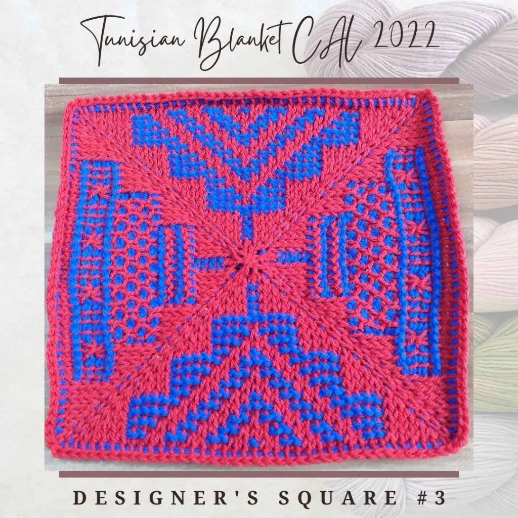 Square #3 of the Tunisian Crochet Blanket CAL of 2022 hosted by KnitterKnotter. This is the designer's original square that is made with two colors - blue and red. The red color is used for the forward pass and the blue color is used for the return pass. 