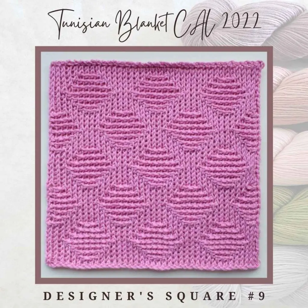 Square #9 of the Tunisian Crochet Blanket CAL of 2022 hosted by KnitterKnotter. This is the designer's original square that is made with one color (a shade of pink). The reverse stitches create a diamond like pattern.