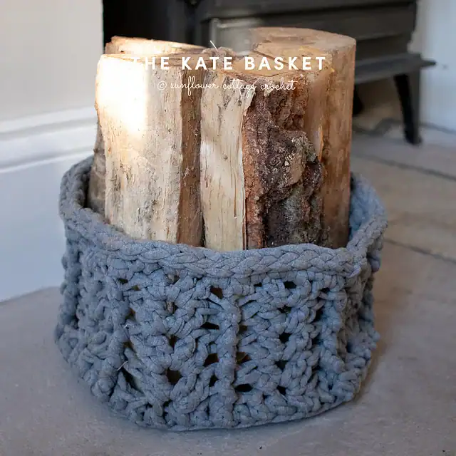 Kate Tshirt Yarn Basket Crochet Pattern by Sunflower Cottage Crochet