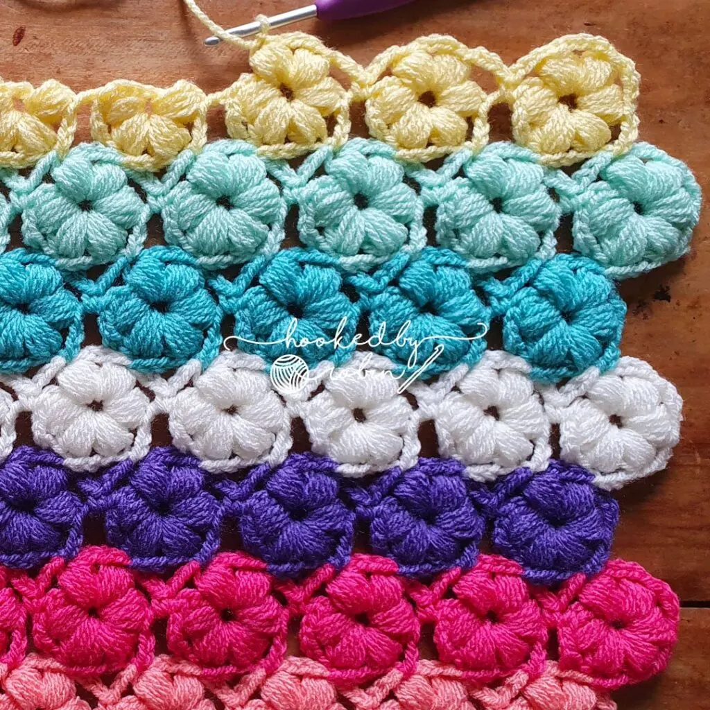 Crochet Puff Flower Blanket Free Video Tutorial Written Pattern by Hooked by Robin