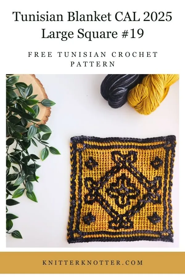 Large Square #19 of the Sona Tunisian Blanket CAL of 2025 by KnitterKnotter - the square is worked with the Tunisian Mosaic Crochet technique and features a beautiful blackwork-inspired design.