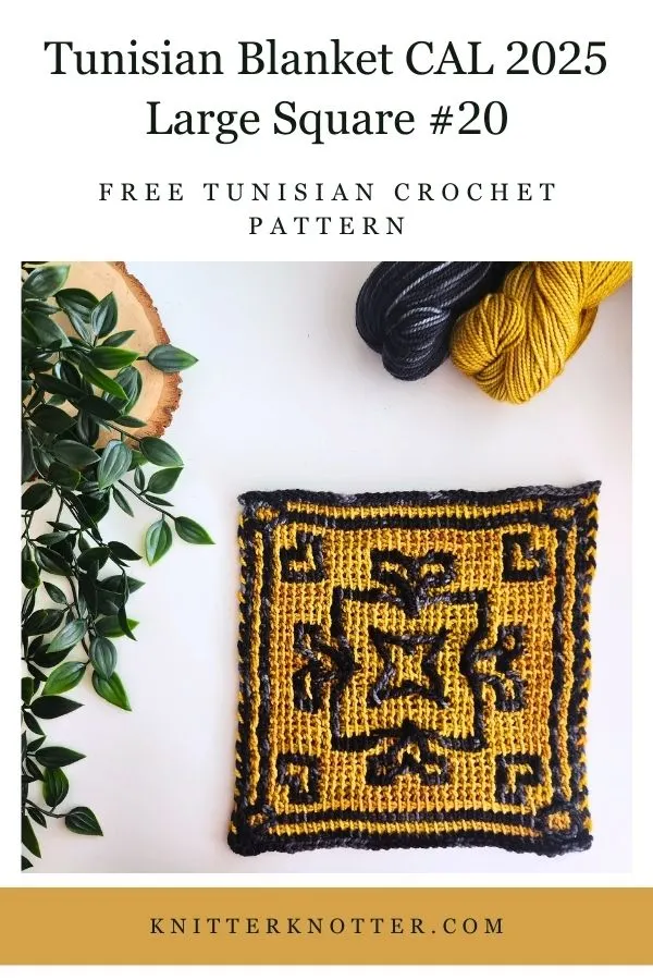 Large Square #20 of the Sona Tunisian Blanket CAL of 2025 by KnitterKnotter - the square is worked with the Tunisian Mosaic Crochet technique and features a beautiful blackwork-inspired design.