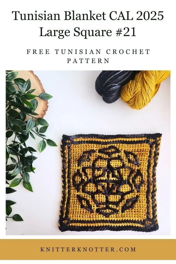 Large Square #21 of the Sona Tunisian Blanket CAL of 2025 by KnitterKnotter - the square is worked with the Tunisian Mosaic Crochet technique and features a beautiful blackwork-inspired design.