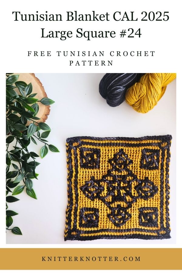 Large Square #24 of the Sona Tunisian Blanket CAL of 2025 by KnitterKnotter - the square is worked with the Tunisian Mosaic Crochet technique and features a beautiful blackwork-inspired design.