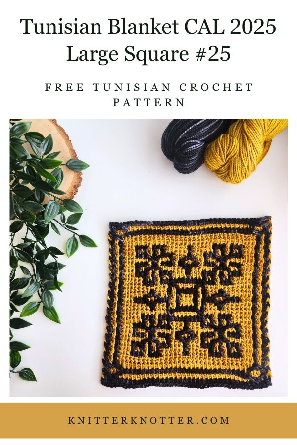 Large Square #25 of the Sona Tunisian Blanket CAL of 2025 by KnitterKnotter - the square is worked with the Tunisian Mosaic Crochet technique and features a beautiful blackwork-inspired design.