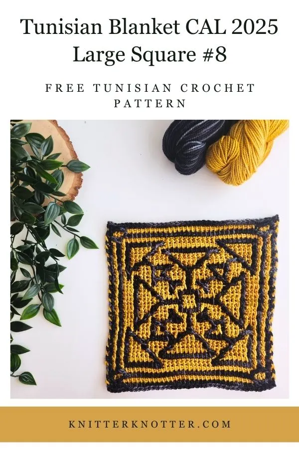 Large Square #8 of the Sona Tunisian Blanket CAL of 2025 by KnitterKnotter - the square is worked with the Tunisian Mosaic Crochet technique and features a beautiful blackwork-inspired design.