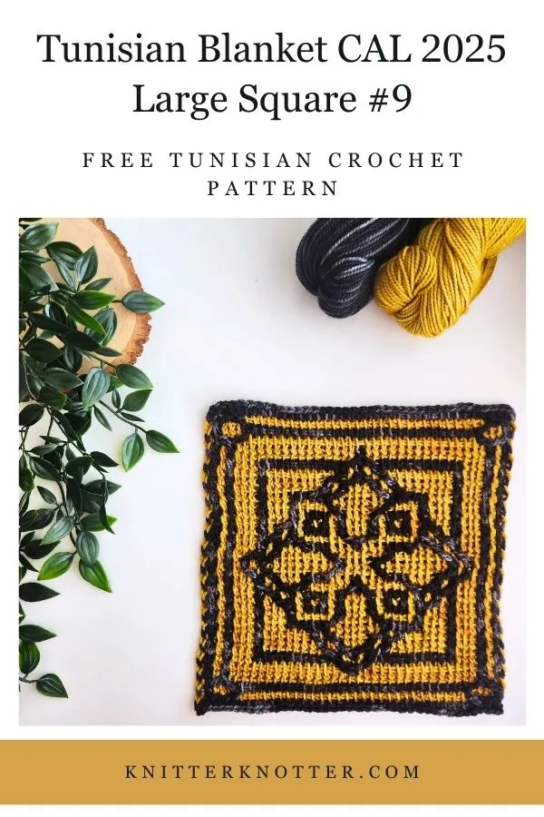 Large Square #9 of the Sona Tunisian Blanket CAL of 2025 by KnitterKnotter - the square is worked with the Tunisian Mosaic Crochet technique and features a beautiful blackwork-inspired design.