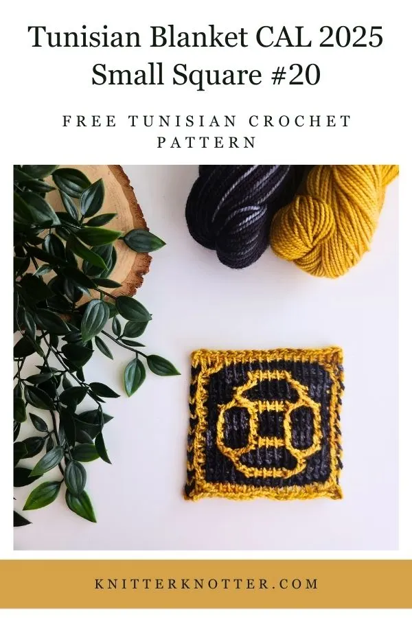 Small Square #20 of the Sona Tunisian Blanket CAL of 2025 by KnitterKnotter - the square is worked with the Tunisian Mosaic Crochet technique and features a beautiful blackwork-inspired design.