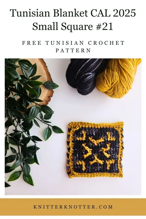 Small Square #21 of the Sona Tunisian Blanket CAL of 2025 by KnitterKnotter - the square is worked with the Tunisian Mosaic Crochet technique and features a beautiful blackwork-inspired design.