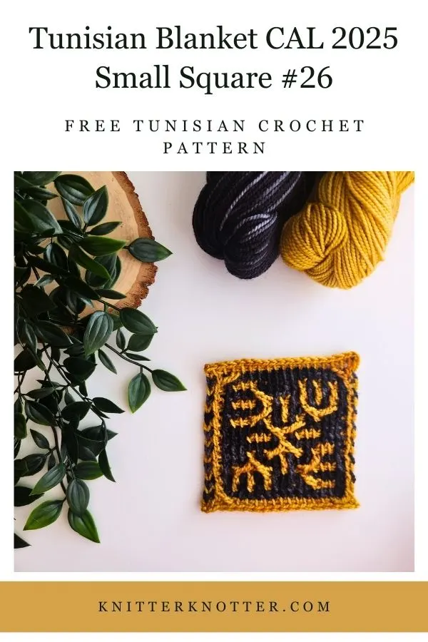 Small Square #26 of the Sona Tunisian Blanket CAL of 2025 by KnitterKnotter - the square is worked with the Tunisian Mosaic Crochet technique and features a beautiful blackwork-inspired design.
