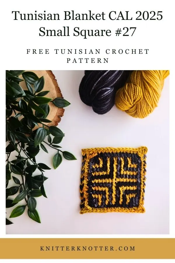 Small Square #27 of the Sona Tunisian Blanket CAL of 2025 by KnitterKnotter - the square is worked with the Tunisian Mosaic Crochet technique and features a beautiful blackwork-inspired design.