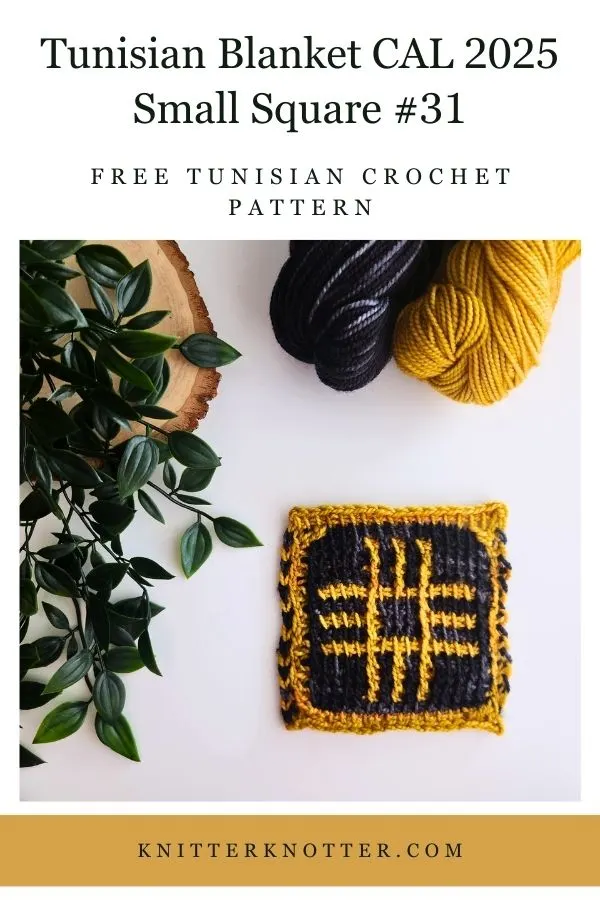 Small Square #31 of the Sona Tunisian Blanket CAL of 2025 by KnitterKnotter - the square is worked with the Tunisian Mosaic Crochet technique and features a beautiful blackwork-inspired design.