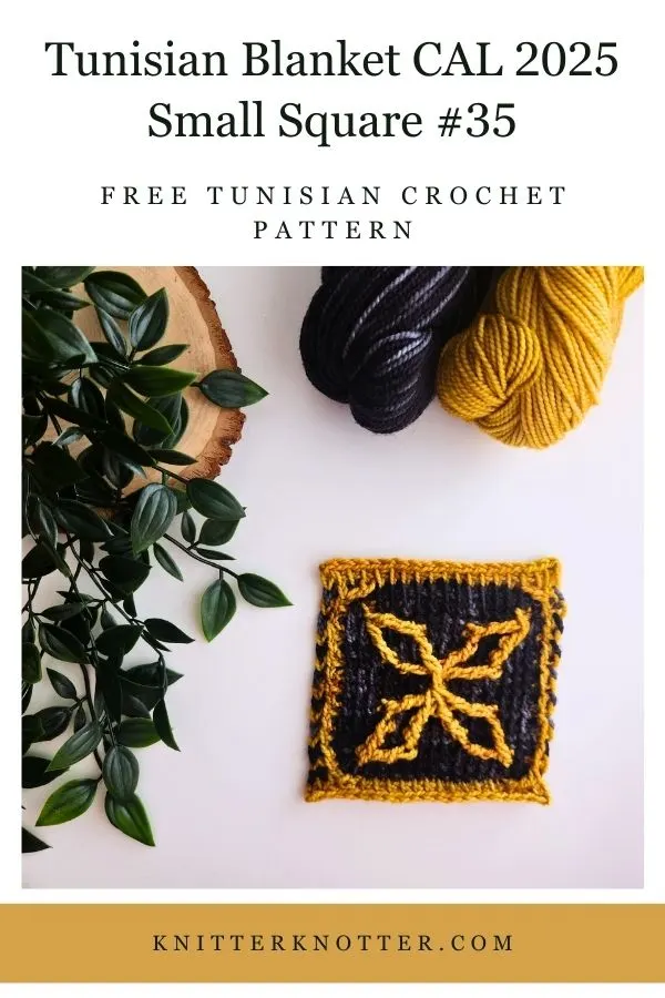 Small Square #35 of the Sona Tunisian Blanket CAL of 2025 by KnitterKnotter - the square is worked with the Tunisian Mosaic Crochet technique and features a beautiful blackwork-inspired design.