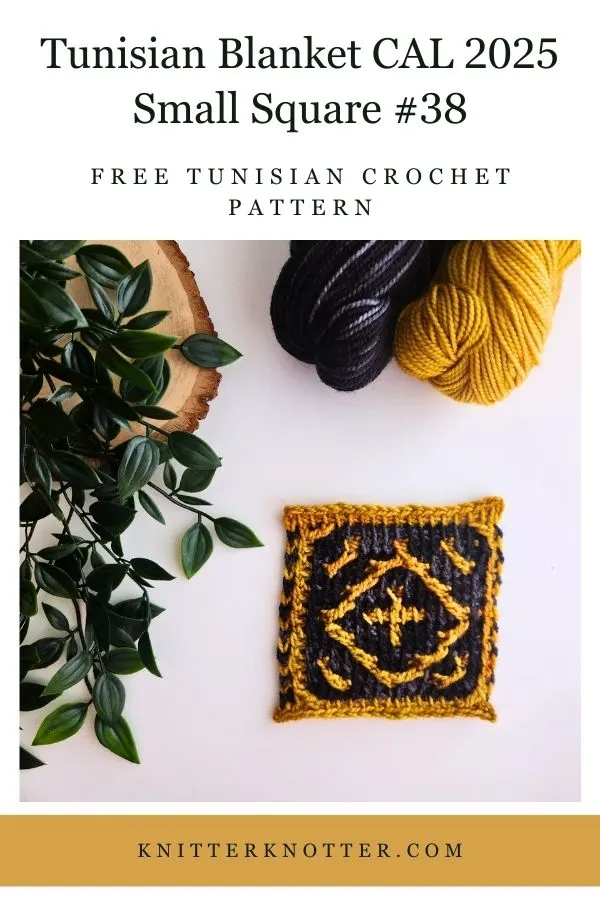 Small Square #38 of the Sona Tunisian Blanket CAL of 2025 by KnitterKnotter - the square is worked with the Tunisian Mosaic Crochet technique and features a beautiful blackwork-inspired design.