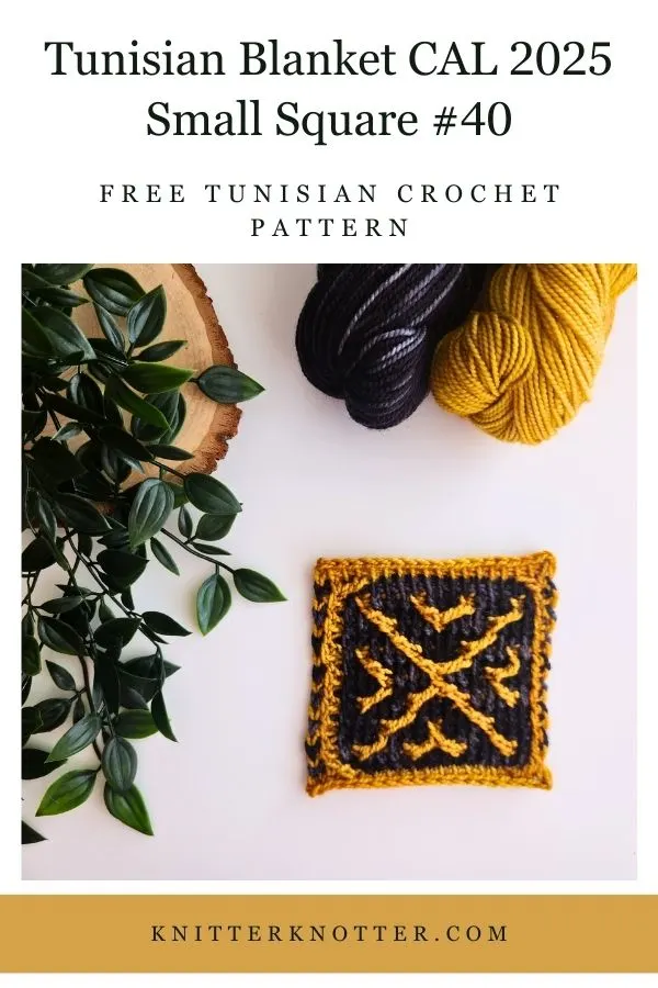 Small Square #40 of the Sona Tunisian Blanket CAL of 2025 by KnitterKnotter - the square is worked with the Tunisian Mosaic Crochet technique and features a beautiful blackwork-inspired design.
