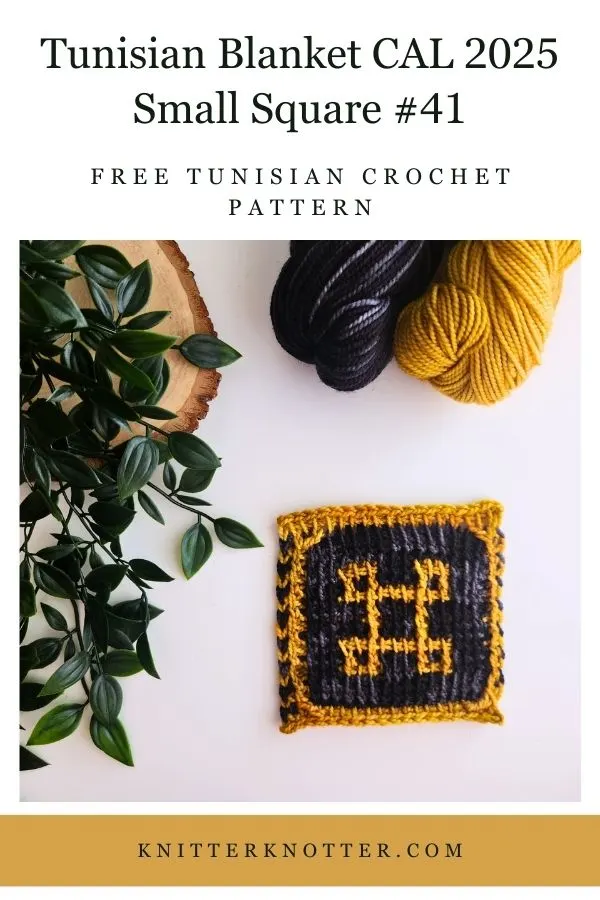 Small Square #41 of the Sona Tunisian Blanket CAL of 2025 by KnitterKnotter - the square is worked with the Tunisian Mosaic Crochet technique and features a beautiful blackwork-inspired design.
