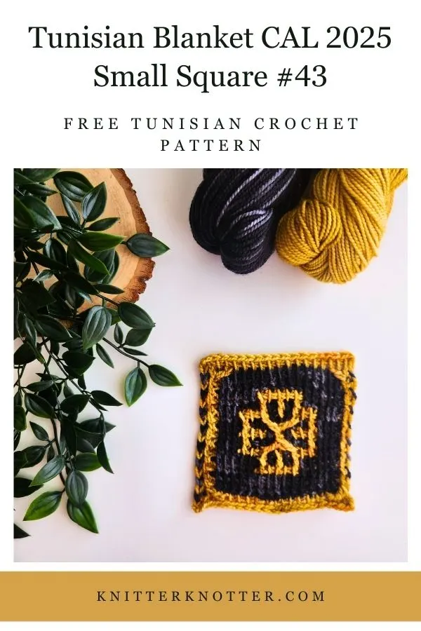 Small Square #43 of the Sona Tunisian Blanket CAL of 2025 by KnitterKnotter - the square is worked with the Tunisian Mosaic Crochet technique and features a beautiful blackwork-inspired design.