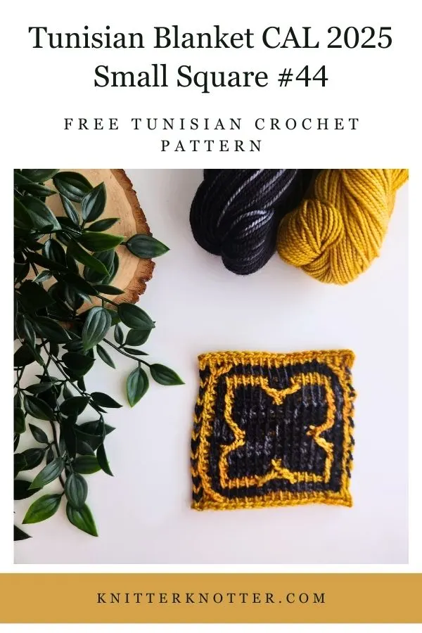 Small Square #44 of the Sona Tunisian Blanket CAL of 2025 by KnitterKnotter - the square is worked with the Tunisian Mosaic Crochet technique and features a beautiful blackwork-inspired design.