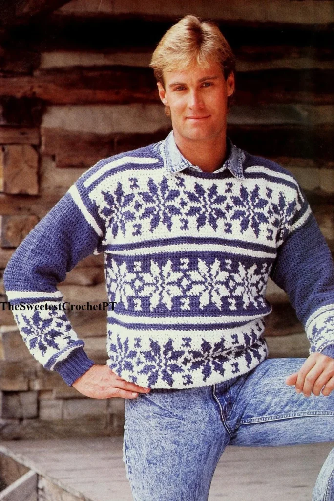 Vintage Mens Christmas sweater crochet pattern Snowflakes sweater