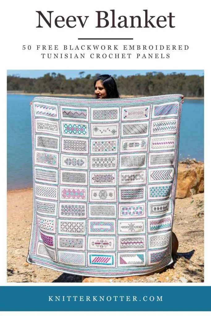 Neev Blanket by KnitterKnotter - 50 panels - Blackwork-inspired embroidery on Tunisian crochet fabric.