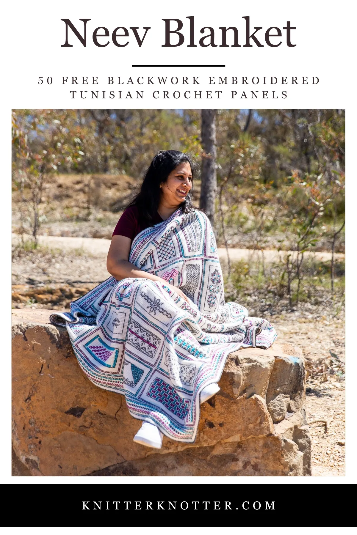 Neev Blanket by KnitterKnotter - 50 panels - Blackwork-inspired embroidery on Tunisian crochet fabric.