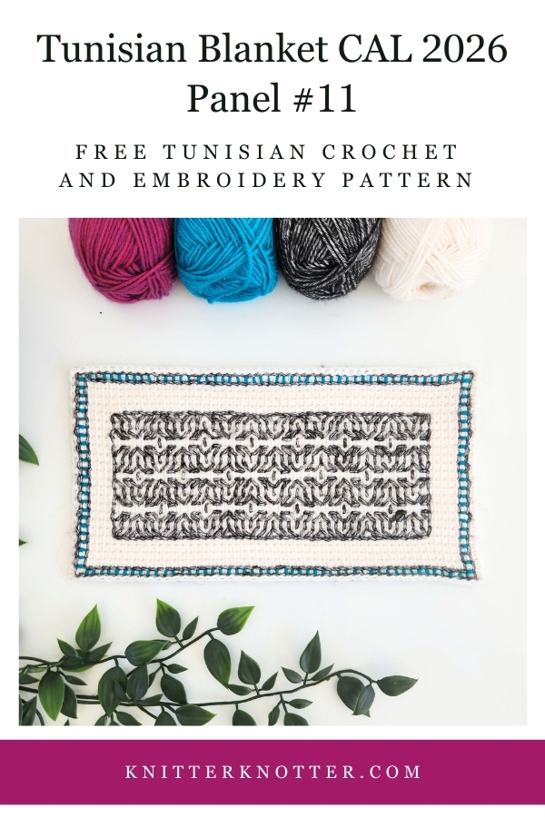 Panel #11 of the Neev Tunisian Blanket CAL of 2026 by KnitterKnotter - the fabric is worked with the Tunisian Simple stitches and features a beautiful blackwork-inspired embroidery design.