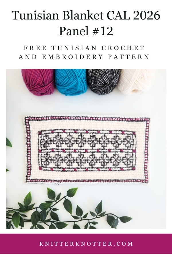 Panel #12 of the Neev Tunisian Blanket CAL of 2026 by KnitterKnotter - the fabric is worked with the Tunisian Simple stitches and features a beautiful blackwork-inspired embroidery design.