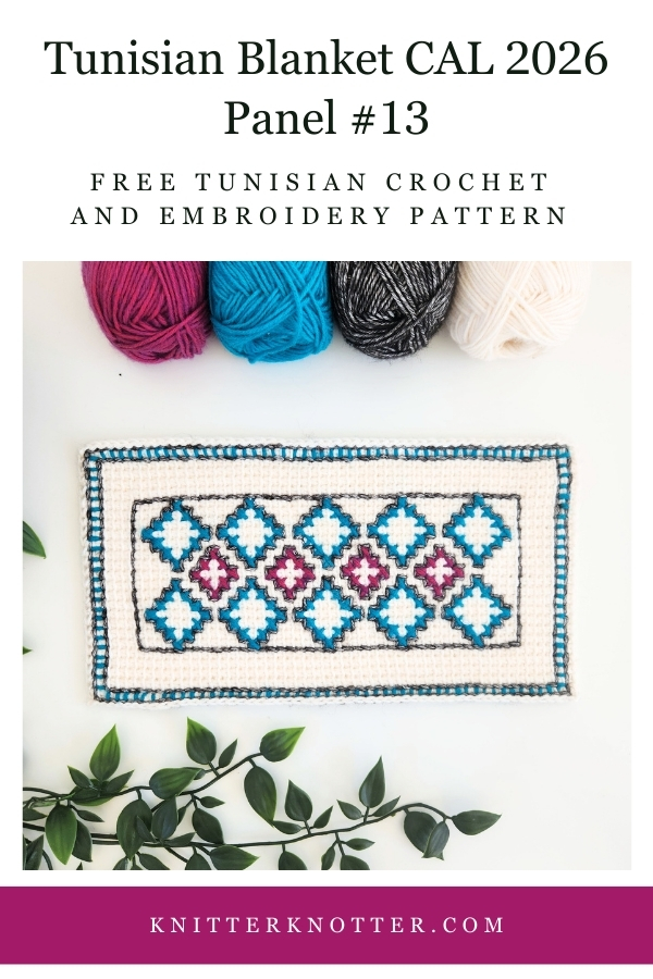 Panel #13 of the Neev Tunisian Blanket CAL of 2026 by KnitterKnotter - the fabric is worked with the Tunisian Simple stitches and features a beautiful blackwork-inspired embroidery design.