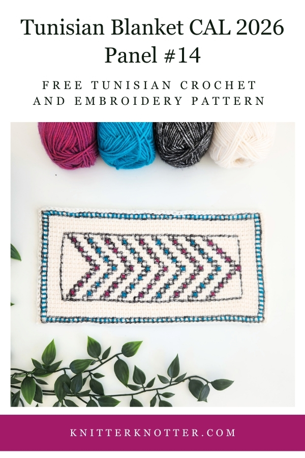 Panel #14 of the Neev Tunisian Blanket CAL of 2026 by KnitterKnotter - the fabric is worked with the Tunisian Simple stitches and features a beautiful blackwork-inspired embroidery design.