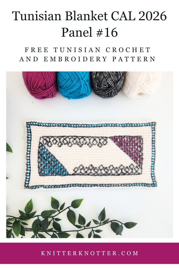 Panel #16 of the Neev Tunisian Blanket CAL of 2026 by KnitterKnotter - the fabric is worked with the Tunisian Simple stitches and features a beautiful blackwork-inspired embroidery design.