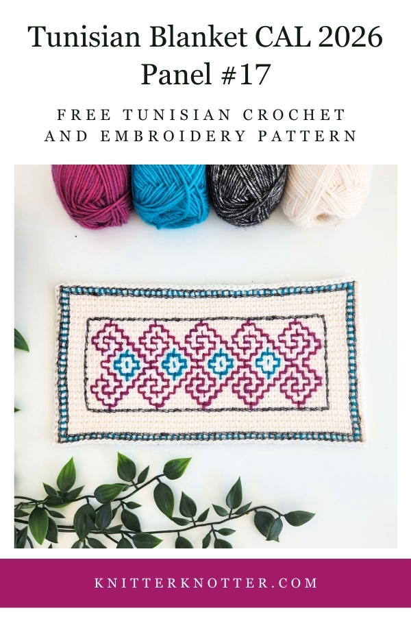 Panel #17 of the Neev Tunisian Blanket CAL of 2026 by KnitterKnotter - the fabric is worked with the Tunisian Simple stitches and features a beautiful blackwork-inspired embroidery design.