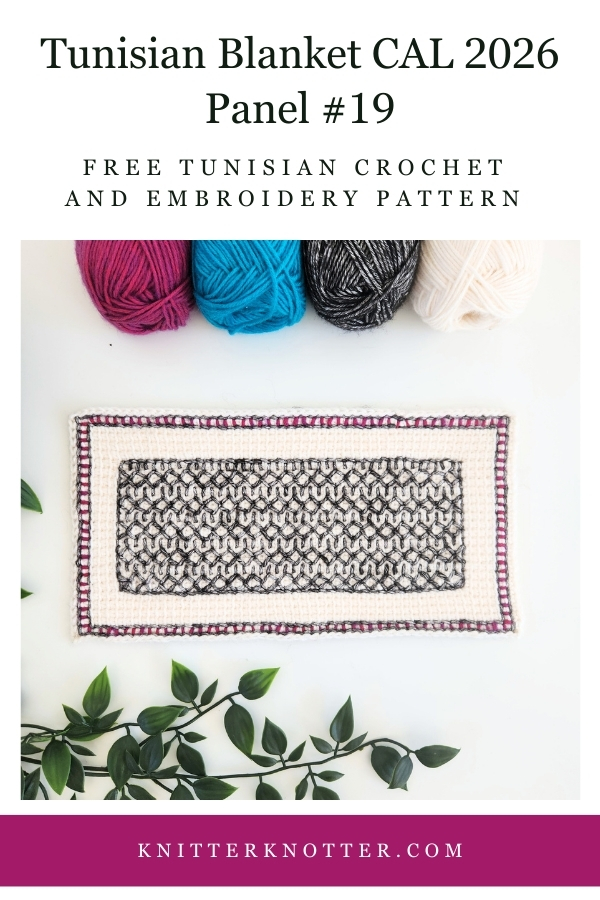 Panel #19 of the Neev Tunisian Blanket CAL of 2026 by KnitterKnotter - the fabric is worked with the Tunisian Simple stitches and features a beautiful blackwork-inspired embroidery design.
