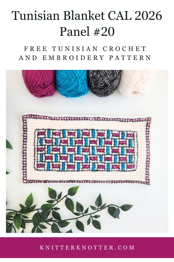 Panel #20 of the Neev Tunisian Blanket CAL of 2026 by KnitterKnotter - the fabric is worked with the Tunisian Simple stitches and features a beautiful blackwork-inspired embroidery design.