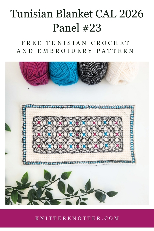 Panel #23 of the Neev Tunisian Blanket CAL of 2026 by KnitterKnotter - the fabric is worked with the Tunisian Simple stitches and features a beautiful blackwork-inspired embroidery design.